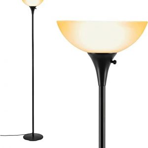 Floor Lamps with Brown Glass Shade, Floor Lamp for Living Room, 9W LED Bulb Included, Warm Light Standing Lamp for Reading, Office, Bedrooms, Black