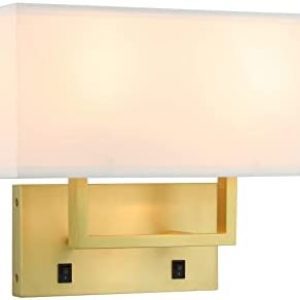XiNBEi Lighting Bedroom Wall Lamp, 2 Light Bedside Reading Wall Light Fixture with White Fabric Shade Retro Brass Wall Mounted Light XB-W1230-SB
