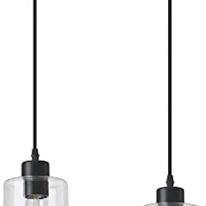 KLSS Modern Black Farmhouse Clear Glass Cylinder Pendant Light Fixture,Mini Pendant Lighting for Kitchen Island Decor – 4.75 Inch Shade, 2-58 Inch Cord, Matte Black.(2 Pack)