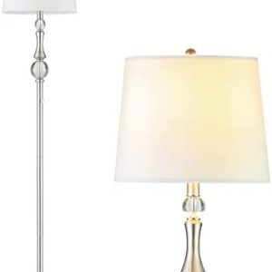 Dimmable Silver Floor Lamp, Modern Standing Floor Lamp with Crystal Ball and White Fabric Shade, Reyokale Tall Lamp Fully Dimmer Pole Light for Living Room Bedroom Office (LED Bulb Included)