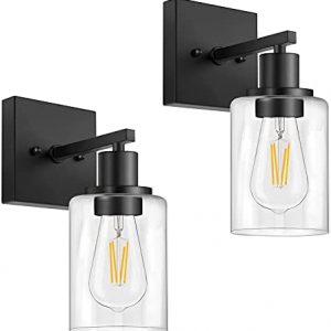 Wall Sconces Set of 2, Matte Black Vanity Lights for Bathroom, Modern Wall Light Fixtures, Metal Sconces Wall Lighting with Clear Glass Shade, Farmhouse Wall Lamp for Bedroom Mirror Living Room
