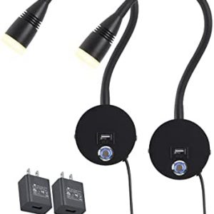 LED Wall Mounted Reading Light Dimmable, Bedside Wall Sconces with Touch Switch, Wall Lamp with USB Charging Port, Flexible Gooseneck Lamp 360° Rotatable Headboard Focused Light, Black 2Pcs
