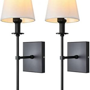 Wall Sconce Set of 2,Sconces Wall Lighting with White Fabric Shade Matt Black Wall Sconce Industrial Hardwired Wall Lamps Indoor Light Vanity Light Fixtures Farmhouse Wall Mount Sconce for Bedroom E26