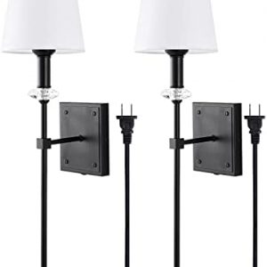 WINGBO Wall Sconce Set of 2, Minimalist Design Wall Lamp with Oval Crystal & White Fabric Shade, Hardwired / Plug-in Offered, for Entryway Bedroom Bathroom Vanity Light Fixture (Black, Plug-in)