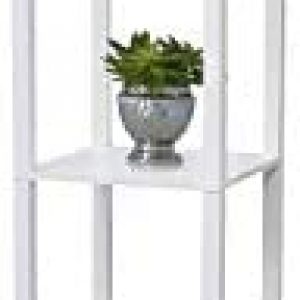 Simple Designs LF1014-WHT Etagere Organizer Storage Shelf Linen Shade Floor Lamp, White