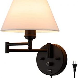 Swing Arm Wall Sconces, Plug-in Wall lamp,Bedroom Wall lamp , White Fabric Shade,Reading Swing Arm Wall Light,with dimmable Switch and USB Charging Port, Suitable for Bedside, Living Room, Reading