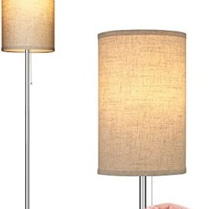 Floor Lamp, Modern Standing Lamp with Drum Fabric Shade, Farmhouse Pole Lamp, Corner Tall Stand Up Lamp for Living Room, Bedroom, Office, Bright Floor Lamp with Pull Switch (Nickel)