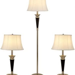Smeike Three Pack Lamp Set (2 Table Lamps, 1 Floor Lamp), 3-Piece Table and Floor Lamp Set, Modern Lamp Set of 3 in Satin Nickel Finish with White Fabric Shades, 60″ and 25″(H), Solid Iron