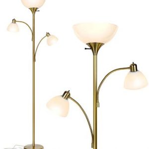Brightech Sky Dome Double LED Floor lamp, Torchiere Super Bright Floor Lamp with 2 Reading Lamps for Living Rooms & Offices – Dimmable Tall Standing Lamp for Bedroom Reading – Tall Brass Pole