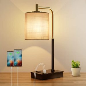 OYedis Touch Control Table Lamp, 3-Way Dimmable Modern Bedside Lamp with USB Port and Outlet, Fabric Shade Nightstand Lamp Side Table Lamp,Small Desk Lamp for Bedroom Living Room, Bulb Included