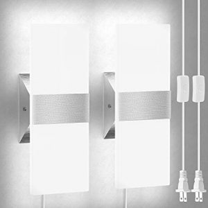 Modern Plug in Wall Sconce, JACKYLED 2-Pack Modern Wall Lamp with 6 Ft Plug in Cord, Acrylic LED Wall Mounted Light Fixture for Bedroom Living Room Hallway TV Wall , 12W 6500K Cool White