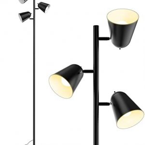 PAZZO Floor Lamp, 3pcs 8W LED Standing Tall Lamp,Tree Floor Lamp with 3 Adjustable Rotating Lights Industrial Floor Lamp for Living Room, Bedroom,Office,Black