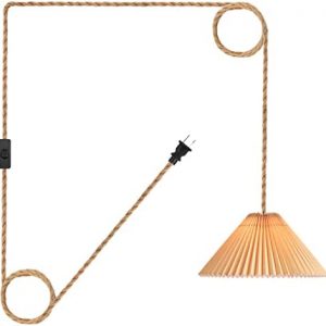 Plug in Pendant Light,Hanging Light with15ft Hemp Rope Cord On/Off Switch and Pleated Lamp Shade,Hanging Light Fixture for Dining Room,Bedroom,Living Room,Kitchen Island (Beige)