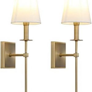 Permo Set of 2 Classic Rustic Industrial Wall Sconce Lighting Fixture with Flared White Textile Lamp Shade and Antique Brass Tapered Column Stand