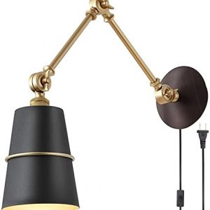 Farmhouse Plug in Wall Sconce, Black Wall Lamp with Plug in Cord Vintage led Swing Arm Mounted Sconce Black and Brass Shade Wall Light Fixtures for Bedroom Living Room(Bulb Included)…