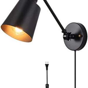 HOXIYA Plug in Wall Sconces, Swing Arm Wall Lamp with Plug in Cord ON/Off Switch, Black Reading Light Fixture Wall Mounted for Bedside Bedroom Living Room Kitchen Cupboard Cabinet Entryway