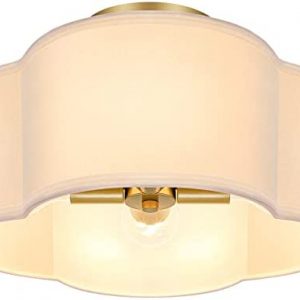4-Light Semi Flush Mount Ceiling Light Fixture, Gold Modern Close to Ceiling Lamp with White Fabric Shade, Farmhouse Bright Lighting Brass Finish for Nursery Kids Room Bedroom Kitchen Hallway Entryway
