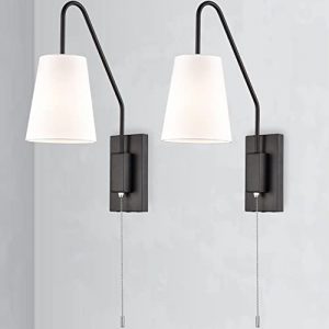 JEENKAE Farmhouse Black Plug-in Wall Sconces Set of Two Wall Lamps for Bedrooms with Pull Chain Switch White Linen Fabric Shade