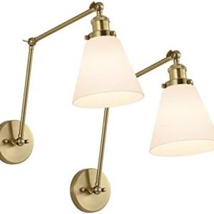 WINGBO Swing Arm Adjustable Wall Lamps Set of 2 Brass Hardwired Light Fixture Up Down White Milk Glass Shade for Bedroom Bedside Reading Living Room Home Hallway Dining Kitchen