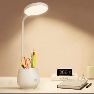 Desk Lamp for Home Office Dorm, Rechargeable Small LED Desk Light with Pen/Phone Holder, Eye-Caring Small Table Lamp with 3 Color Light Modes, USB Night Light for Students Dorm, Kids Room