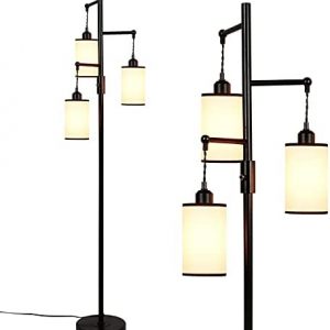 Stepeak Linen Modern Floor Lamp for Living Room, 3-Light 64” Tall Standing Lamp, Farmhouse Tree Lamp with Rotary On/Off Switch & Hanging Lampshades, Task Pole Light for Bedroom Office