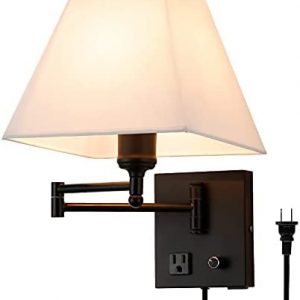 Plug in Wall Sconces ,Swing Arm Wall Lamp, Modern Wall-Mounted Electrical Light with Dimmable Switch and USB Port for Bedroom, Living Room ,Black