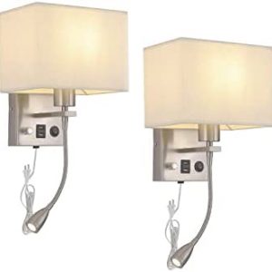 2-Pack Bedside Lights Wall Sconce- Plug in Cord Wall Lamp with Two USB Charging Ports for House Hotel with Brushed Nickel, Dimmable Wall Light Reading Lamp Fabric Shade and On/Off Switch