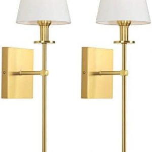 Set of 2 Gold Slim Wall Sconces with White Lampshade, Plug in or Hardwired Indoor Wall Light, Rustic Wall Mount Lantern Fixture Bedroom Brass Metal Stand Wall Lamp for Living Room Vanity Bathroom