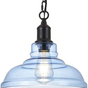 KLOSM Modern Blue Glass Pendant Light with Chain, 1-Light Mini Glass Dome Shade Pendant Lighting Fixture for Kitchen Island, Sink, Counter, Bar, Dining Room, Matte Black Finish