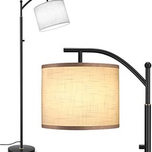 Outon LED Floor Lamp, 3 Color Temperatures Modern Lamp with Rotary Switch, Adjustable Tall Standing Reading Lamp with Hanging White Linen Texture Shade for Living Room, Bedroom, Office, Black