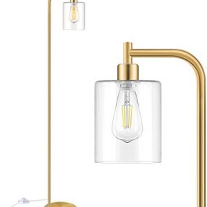Industrial Floor Lamp with Hanging Glass Shade Brass Gold Farmhouse Indoor Pole Light with Edison E26 Base Vintage Rustic Standing Tall Lighting for Living Room Bedroom Office( ST64 Bulb Included)