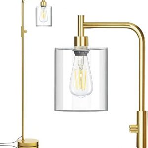 Dimmable Gold Industrial Floor Lamp, Elizabeth Vintage Standing Lamp with E26 Light Bulb & Hanging Clear Glass Shade, Tall Pole 3-Way Dimmable Floor Lamp for Bedroom Living Room Office Bedside Reading