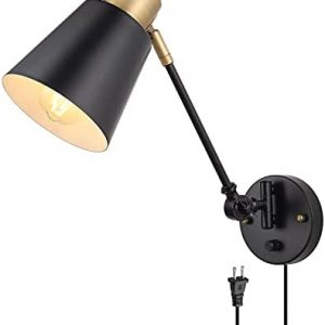 Dimmable Wall Lamp with Plug in Cord, ENCOMLI Plug in Wall Sconces, Swing Arm Sconces Wall Lighting with On Off Switch, Metal Black Brass Industrial Wall Sconce Plug in Wall Light, E26 Base