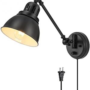 Plug in Wall Sconces, ENCOMLI Wall Sconce Lighting with Dimmable On Off Switch, Swing Arm Wall Lamp, Black Metal Industrial Wall Light Fixtures, Safety E26 Base, 6FT Plug in Cord