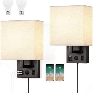 HAITRAL Wall Sconces Plug in with Bulbs- Wall Lamps for Bedroom with USB and Outlet,Sconces Wall Decor Set of 2 with Switch and Bulb Wall Light Fixtures for Living Room,Bedroom(Include Bulbs)-Black