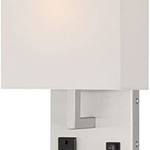 HomeFocus Bedside Wall Lamp Light with Outlet,Living Room Wall Lamp Light,Wall Sconces, Metal,Satin Nickel, White Fabric Shade, Wall Lamp ,Wall Light for Home and Hotel.