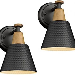 FEMILA Wall Sconces Set of 2, 1-Light Matte Black Bathroom Light Fixtures, Modern Single Vanity Light Wall Lamp with Hammered Metal Shade, 4FG59B-2 BK