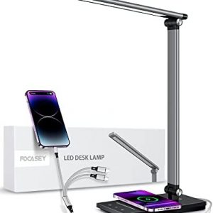 Desk Lamp with Wireless Charger,FOCASEY LED Desk Lamp with USB Charging Port,Eye-Caring Table lamp for Home Office,Touch Control Desk Light with 5 Color Mode,Auto Timer Study/Office lamp,Black