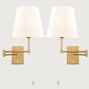 HYDELITE 2-Pack Swing Arm Wall Lamp | Brass Wall Sconces with Linen Shade | Plug-in or Hardwired Wall Light Fixtures | Bedroom Bedside, House Reading, Living Room, Home Hallway, Dinning