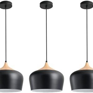 Karmiqi Dome Pendant Light, 3 Pack Black Hanging Light Modern Wooden Hanging Pendant Light Fixtures for Kitchen Island Dining Room Living Room Stair, Metal Shade