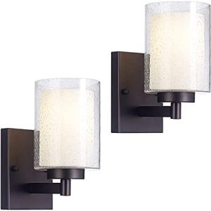 Bathroom Wall Sconces Set of 2, Dual Seedy Glass Sconces Wall Lighting, Oil Rubbed Bronze Wall Lamp for Mirror, Living Room, Bedroom, Hallway, Porch, Corridor