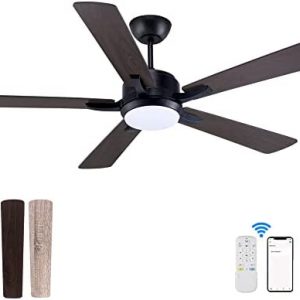 Outdoor Black Smart Ceiling Fan with Lights Remote, 4”&10” Rod, 52” DC Quiet Modern Farmhouse Ceiling Fans, Dimmable LED lights, 6-Speed, Alexa,Google,APP workable, Matte Black for Bedroom,Patio,Porch
