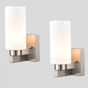 DEYNITE Modern Wall Sconces Set of Two Brushed Nickel Bathroom Vanity Light with Milky White Cylinder Glass Shade
