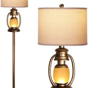 Farmhouse Floor Lamps for Living Rooms with LED Night Light Rustic Bronze Finish Lantern Tall Standing lamp for Bedroom Home Decor with Linen Fabric Shade