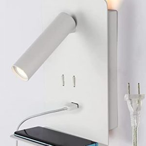 Plug in Wall Light Bedroom Wall Mounted Reading Light LED Bedside Sconces with Switch USB Port Wall Lighting Lamps 3000K(White)