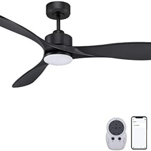 Modern Black Smart Ceiling Fan with Lights Remote, 4”&10” Rod, 52” Quiet Outdoor Ceiling Fans, DC 6-Speed, Alexa,Google,APP workable, Color-changing LED Light, Matte Black for Bedroom,Patios,Porch