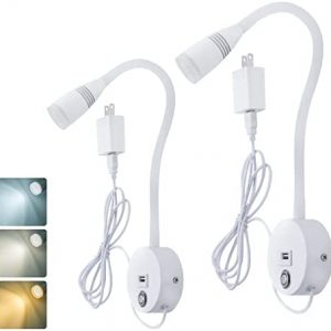 Nieadu Reading Light Wall Mounted Dimmable LED Plug in Wall Lighting Adjustable Rocker Switch Sconces Lamp Whit USB Port for Headboard Bedside 2 Pack White