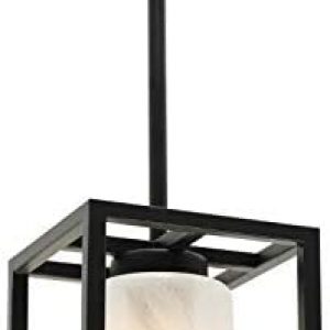 VINLUZ Modern 1-Ligh Farmhouse Pendant Lighting Kitchen Island Black Finish Square Metal Mini Chandeliers Industrial Cage Hanging Light Fixture Ceiling for Dining Rooms Bedroom Living Room Hallway