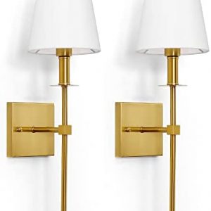 GRATESOLA Wall Sconces Set of 2 Classic Rustic Wall Lighting Gold Wall Lamps with White Fabric Shades and Brass Metal Column Stand