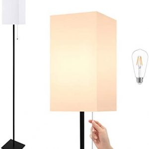 Floor Lamp-Modern Standing Lamp Tall Lamp with Elegant Linen Shade, 2700K 6W Edison LED Bulb Included, Simple Design Floor Lamp for Living Room Bedroom Office, Sturdy Pull-Chain Room Lamp Floor-64.6IN